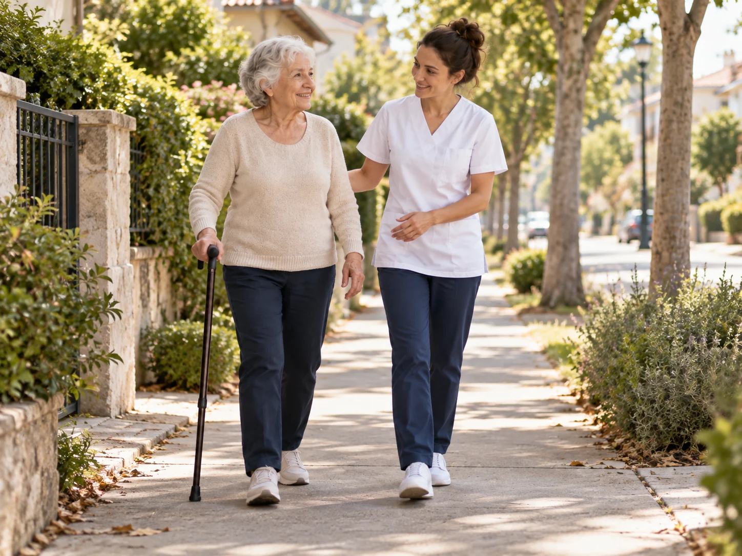 Kinésithérapeute accompagnant une personne âgée lors d’une marche en extérieur à domicile