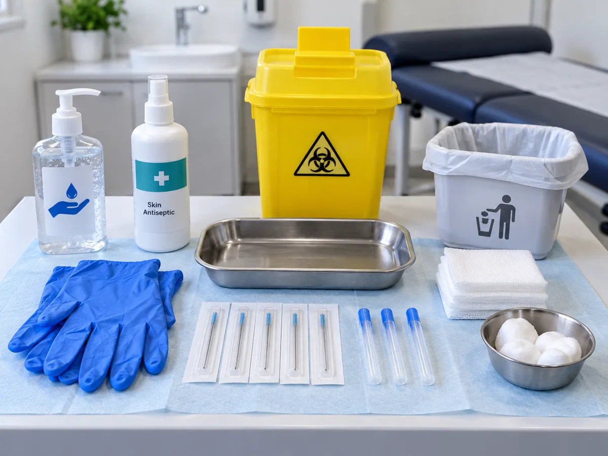 Matériel préparé pour une séance de dry needling en cabinet
